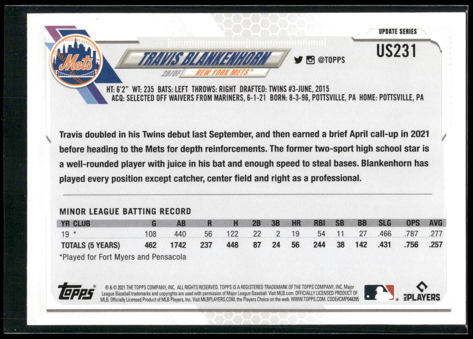 2021 Topps Update #US231 Travis Blankenhorn