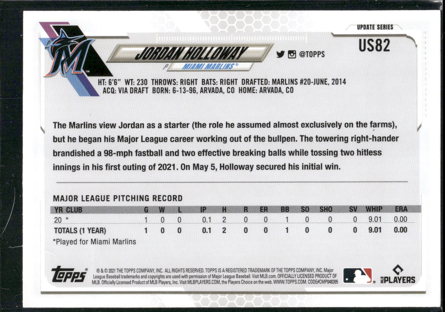2021 Topps Update #US82 Jordan Holloway