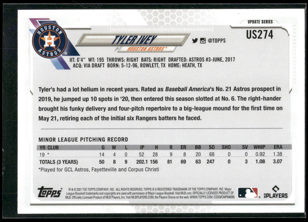 2021 Topps Update #US274 Tyler Ivey