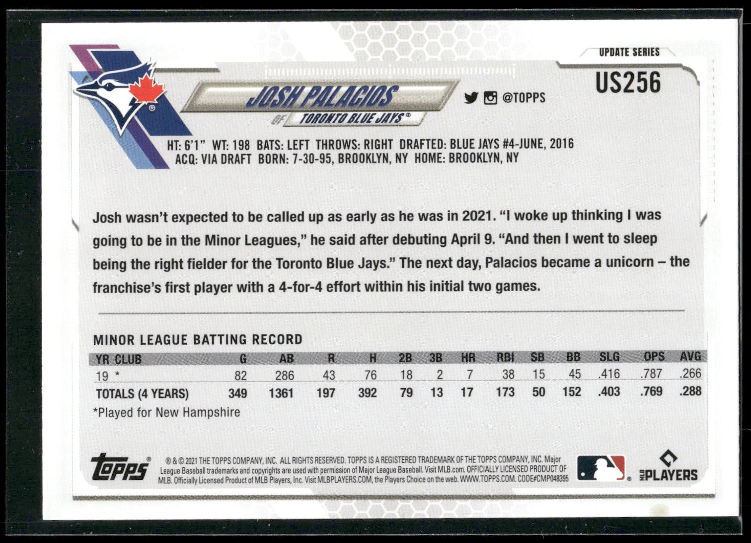 2021 Topps Update #US256 Josh Palacios