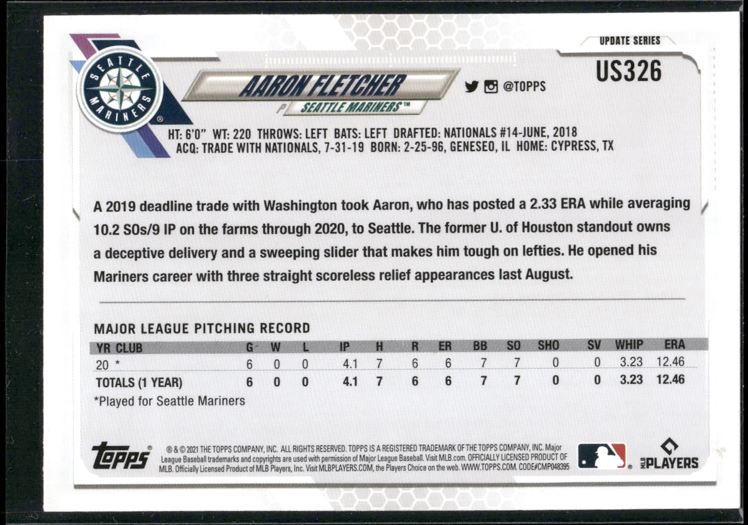 2021 Topps Update #US326 Aaron Fletcher