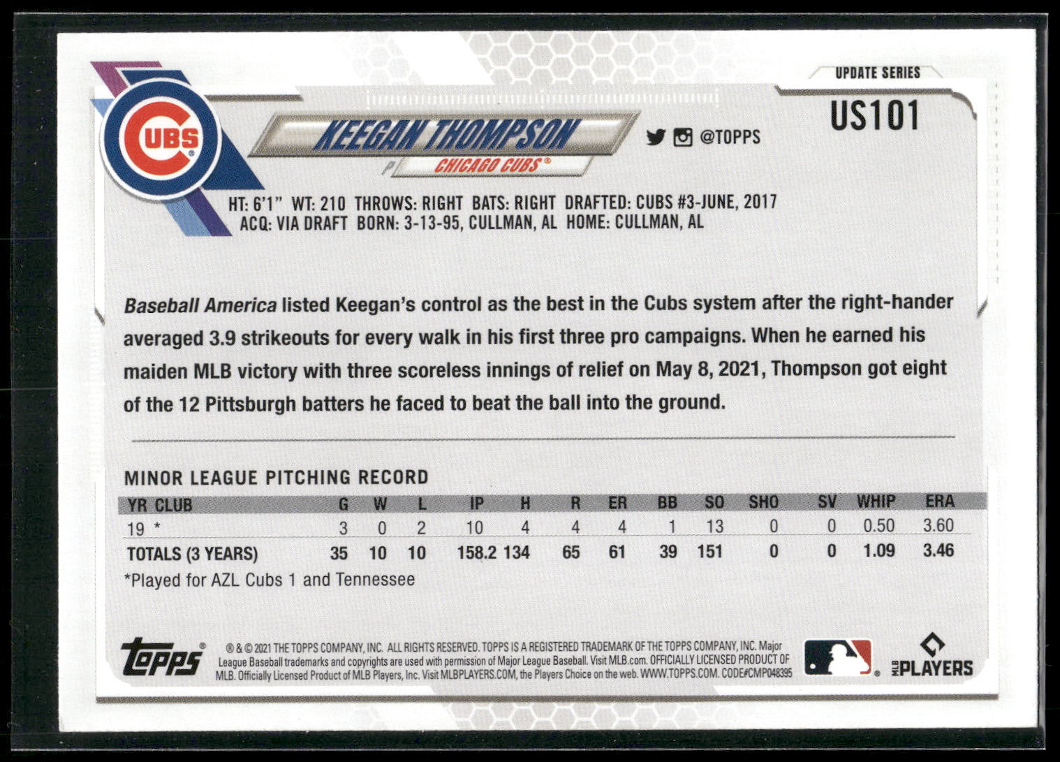 2021 Topps Update #US101 Keegan Thompson