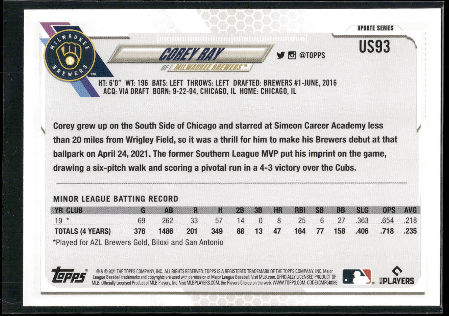 2021 Topps Update #US93 Corey Ray