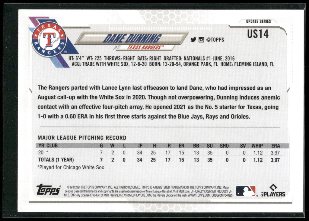 2021 Topps Update #US14 Dane Dunning