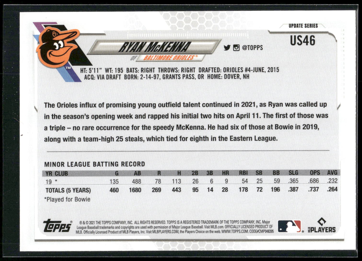 2021 Topps Update #US46 Ryan McKenna