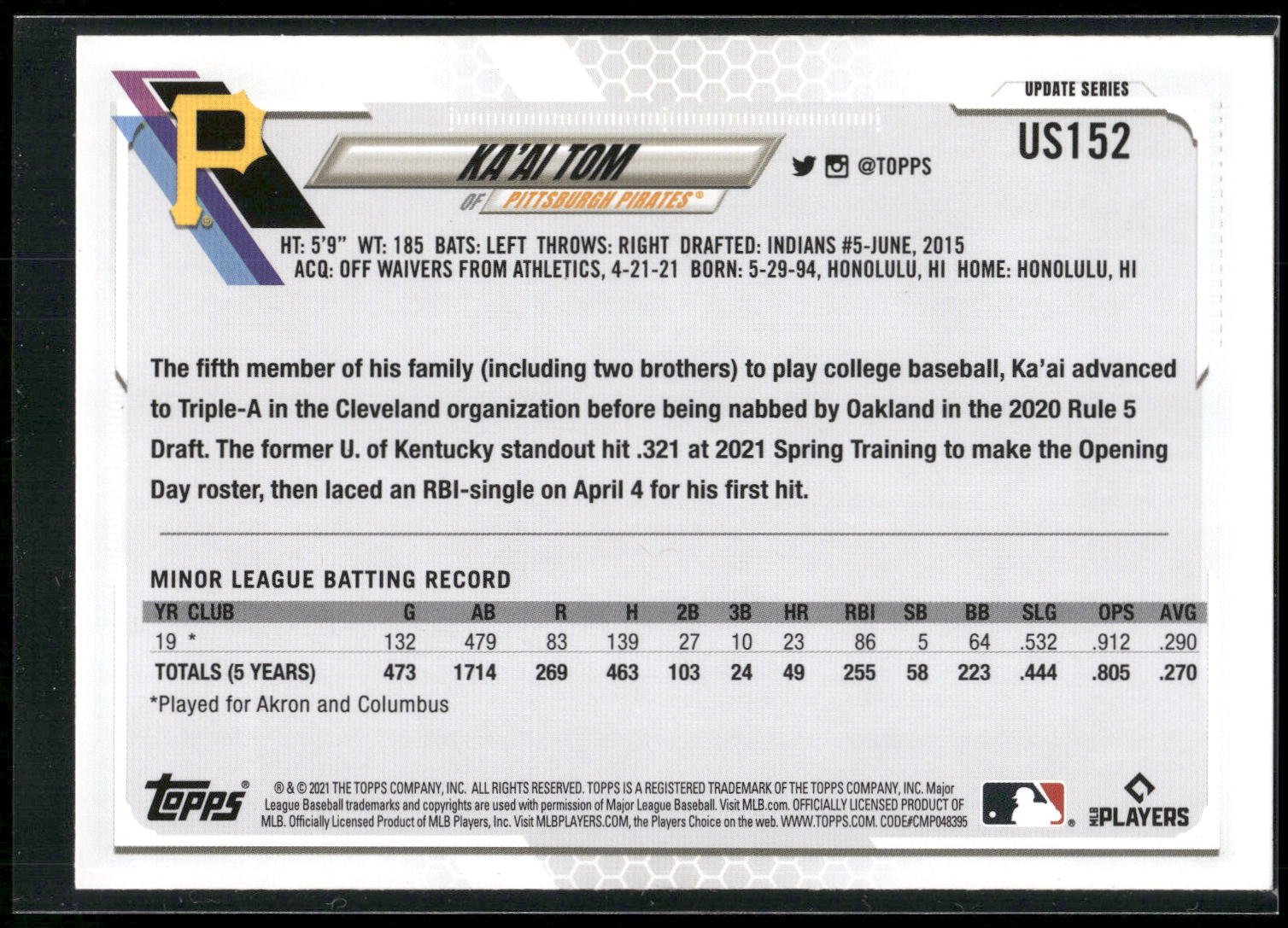 2021 Topps Update #US152 Ka'ai Tom