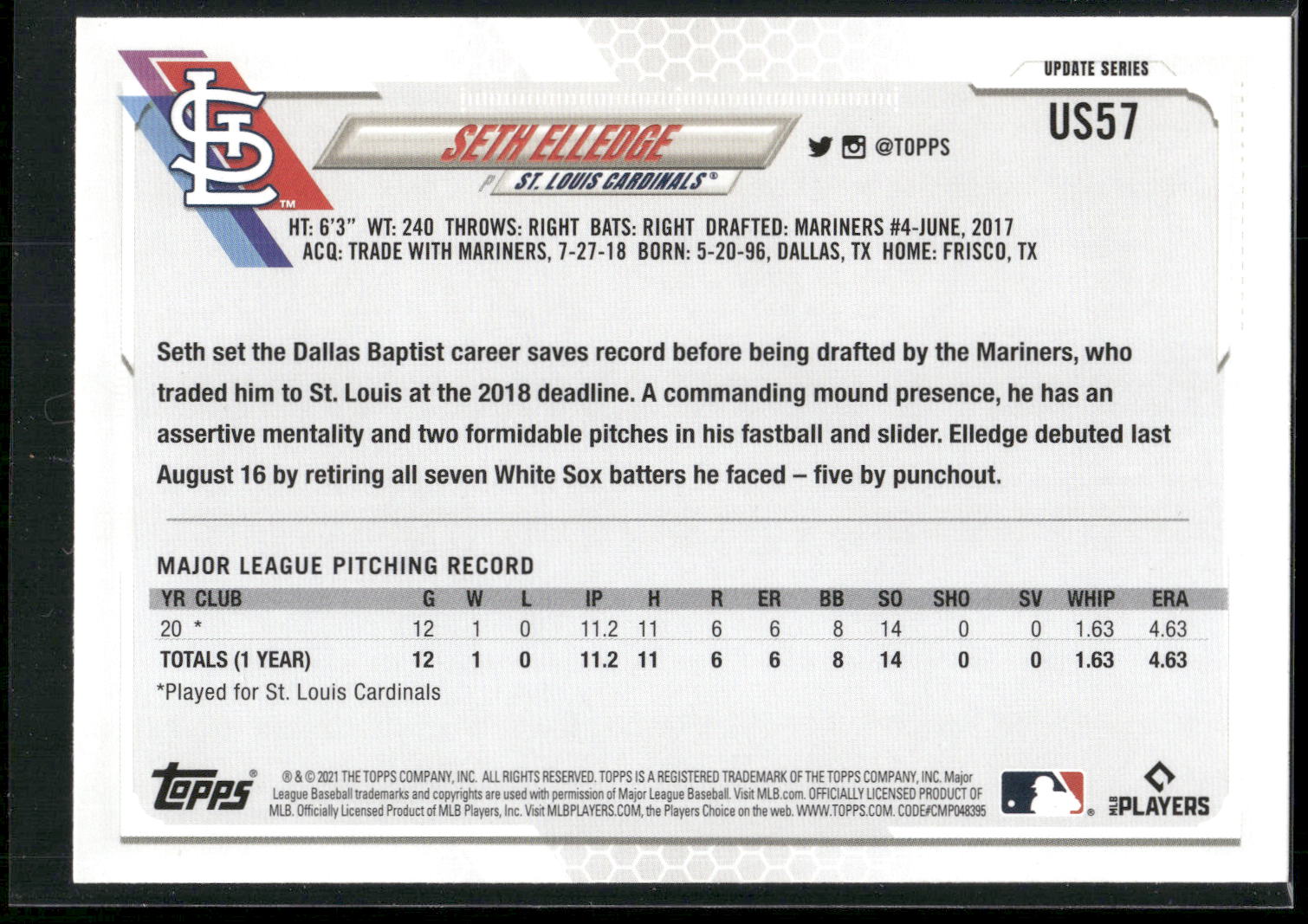 2021 Topps Update #US57 Seth Elledge
