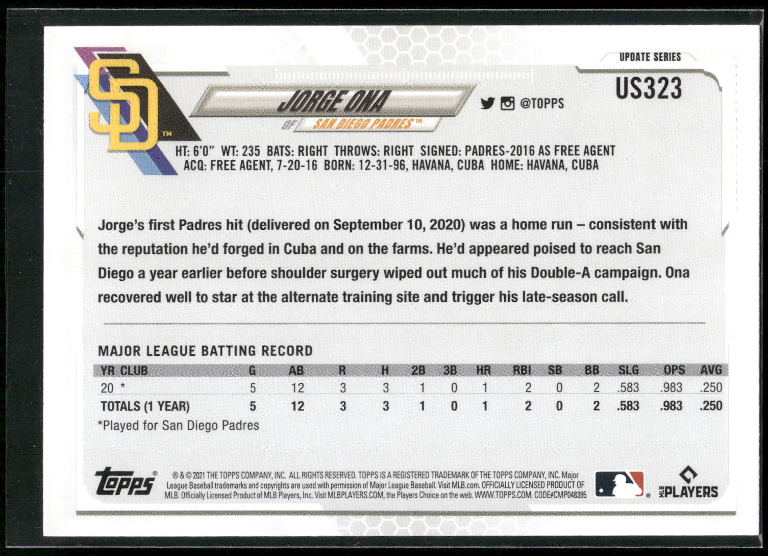 2021 Topps Update #US323 Jorge Ona