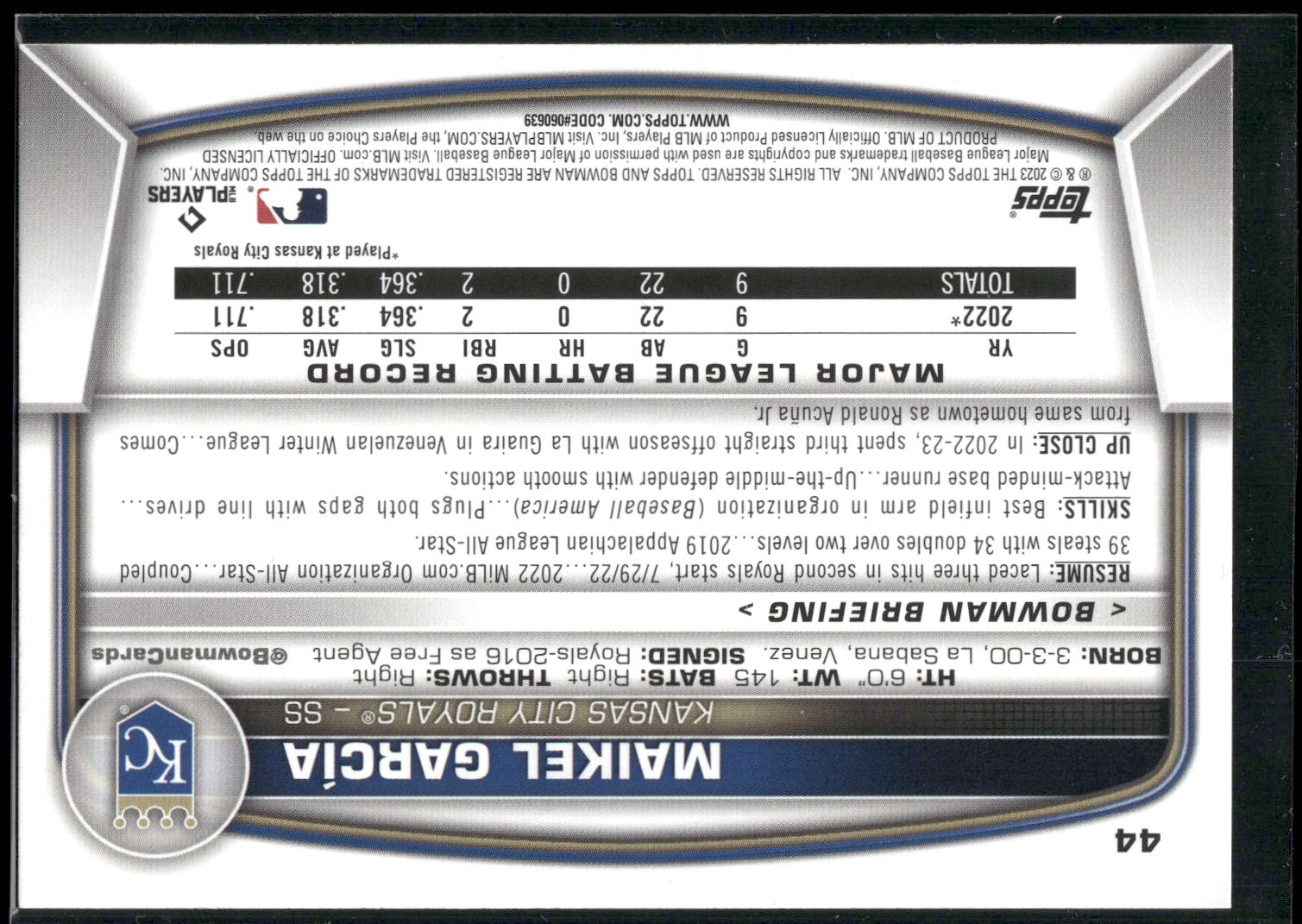 2023 Bowman #44 Maikel Garcia