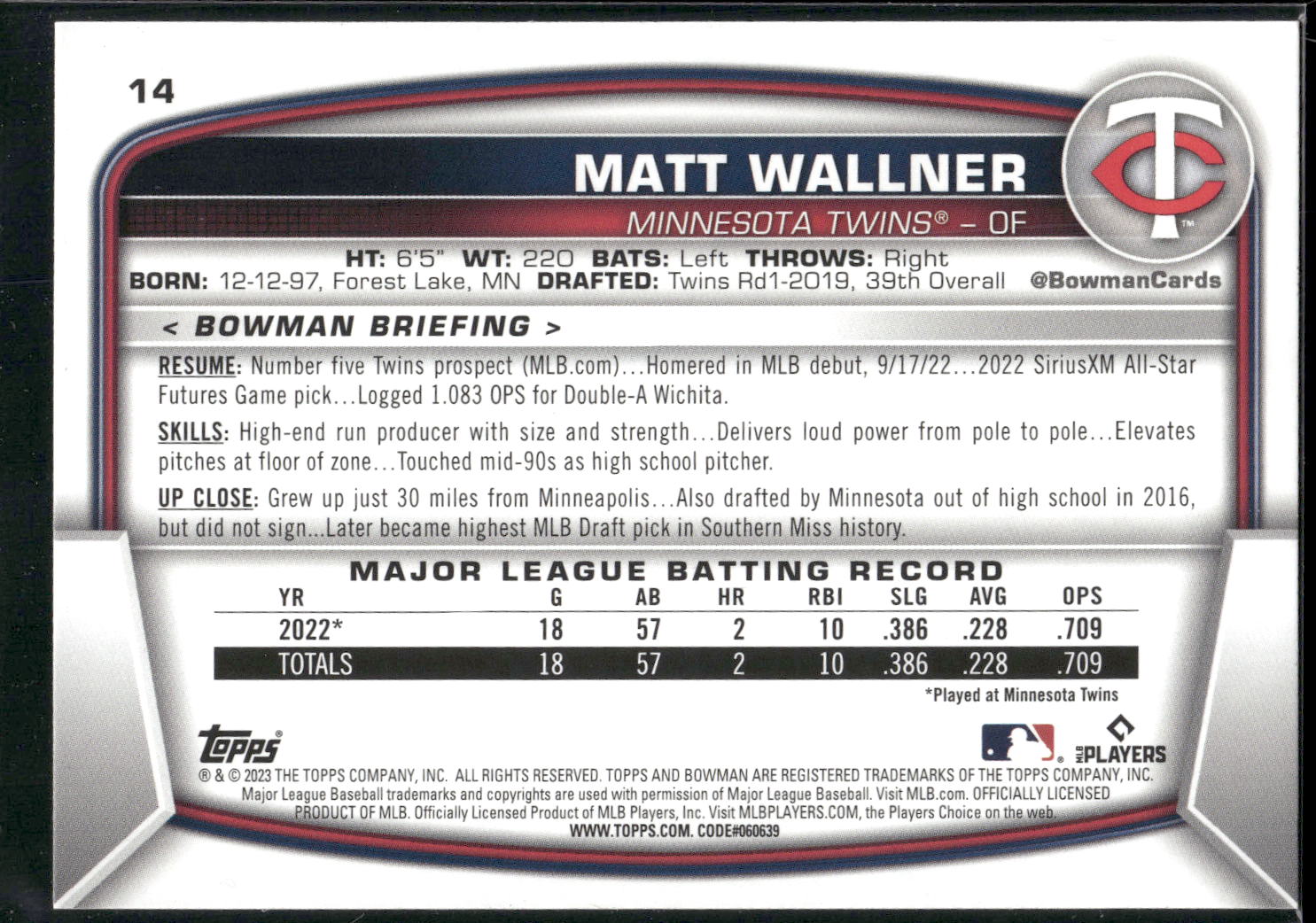 2023 Bowman #14 Matt Wallner