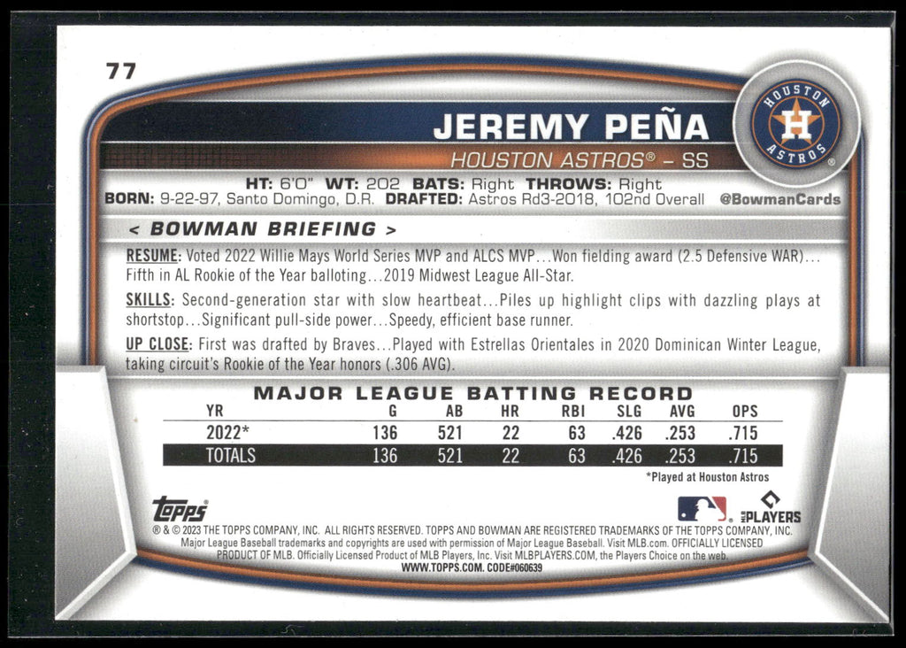 2023 Bowman #77 Jeremy Pena
