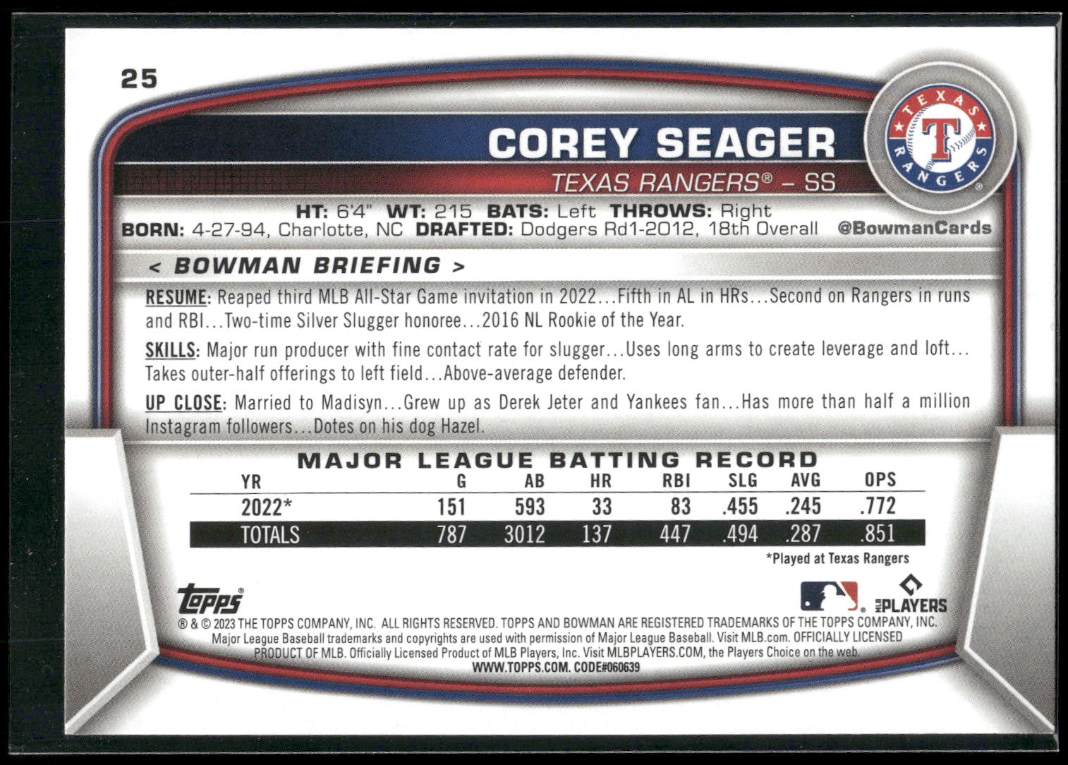 2023 Bowman #25 Corey Seager