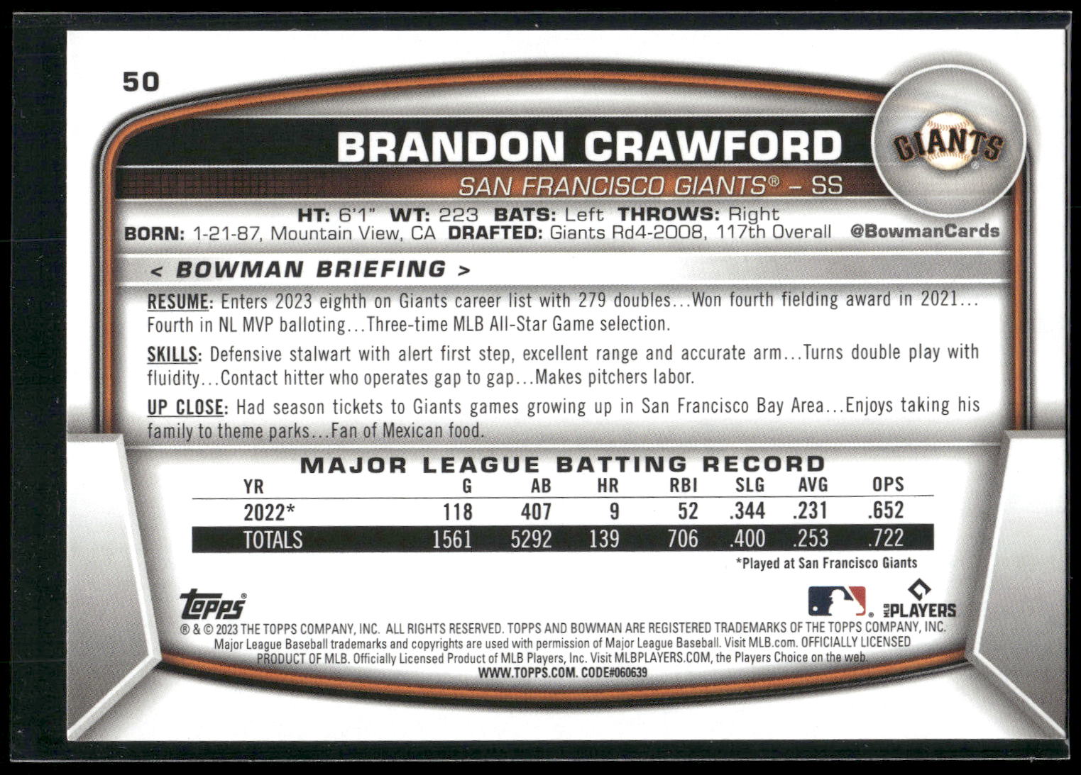 2023 Bowman #50 Brandon Crawford