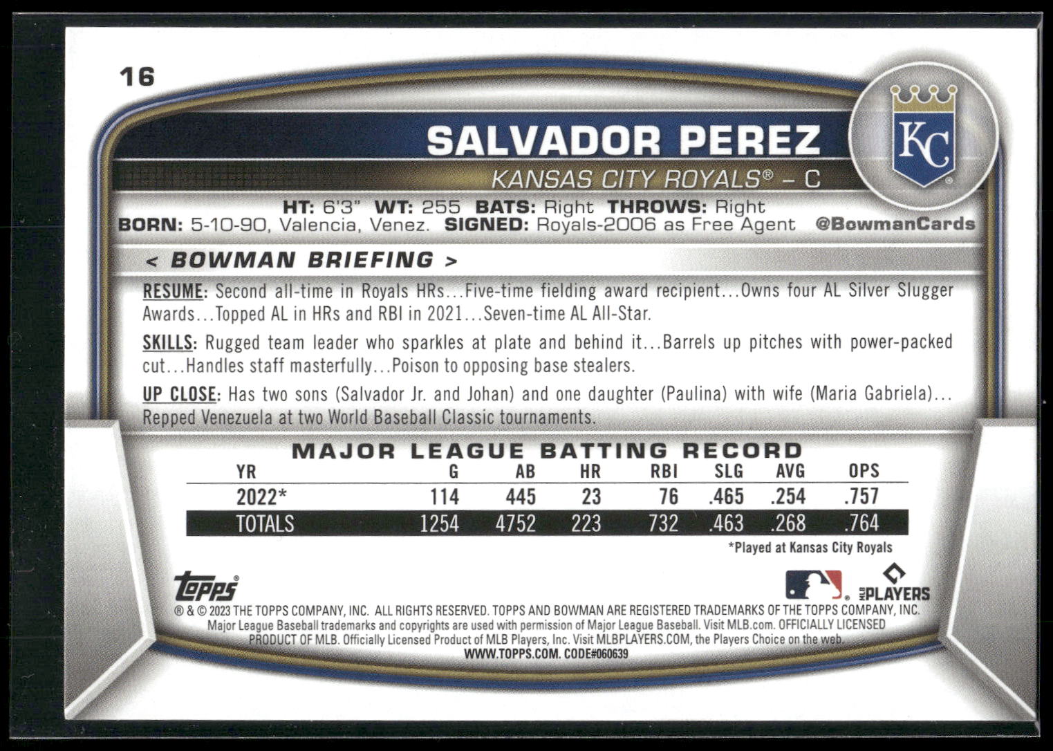 2023 Bowman #16 Salvador Perez