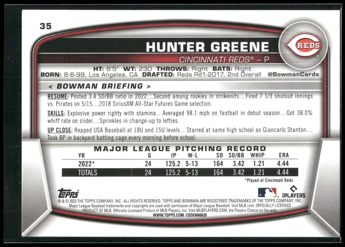 2023 Bowman #35 Hunter Greene