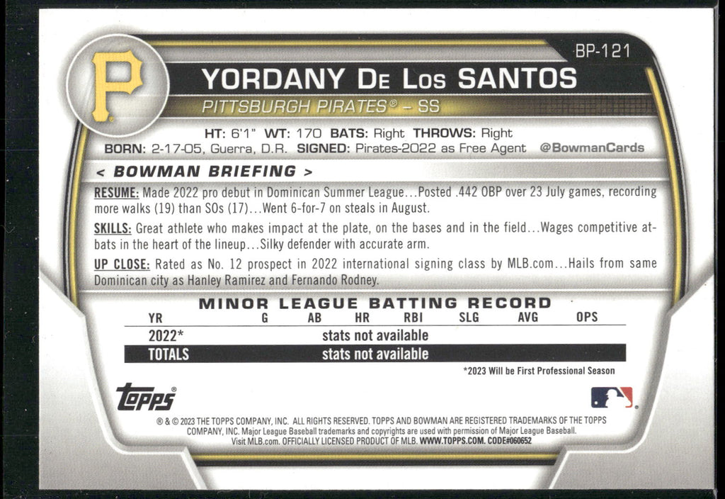 2023 Bowman #BP-121 Yordany De Los Santos Prospects