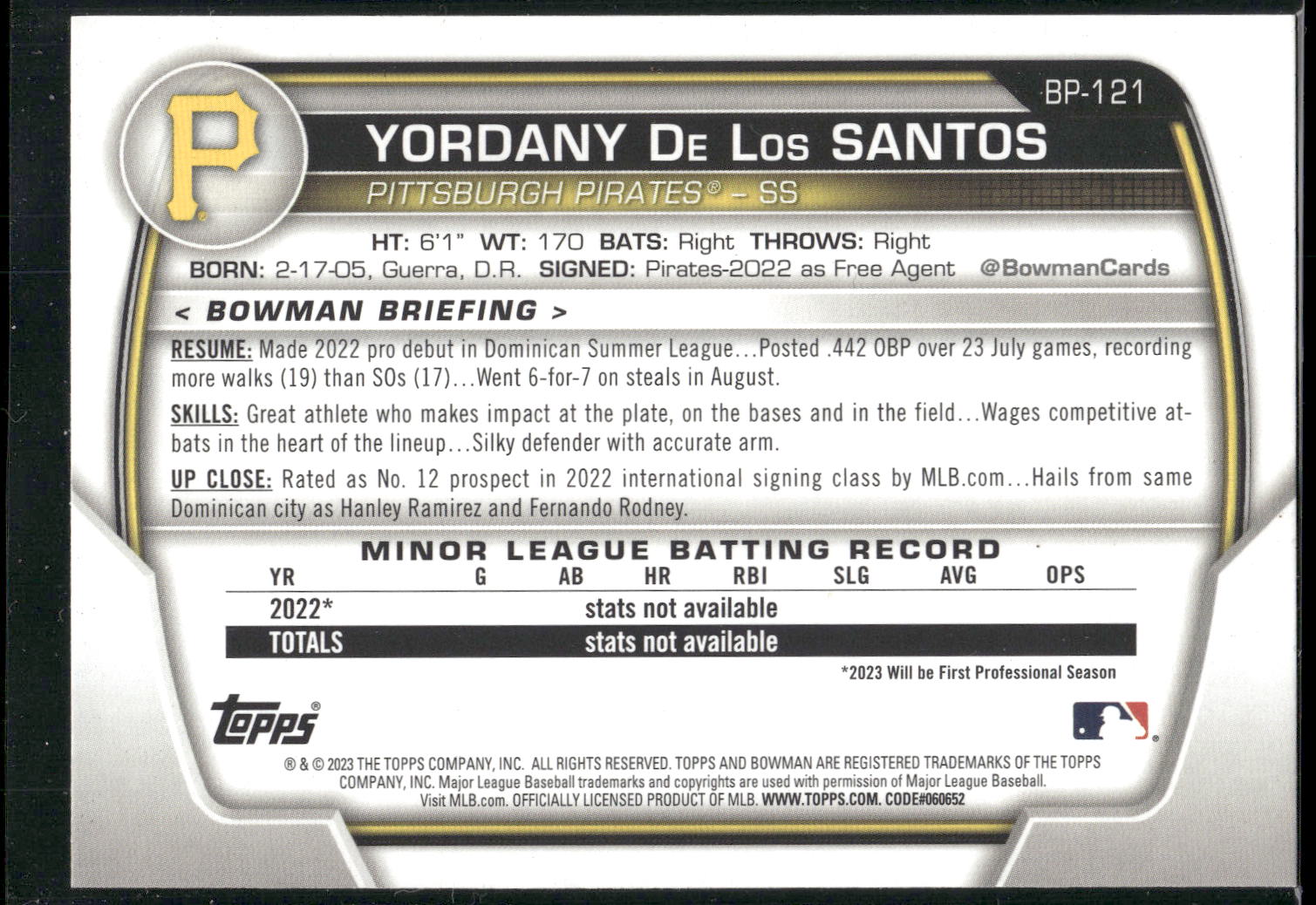 2023 Bowman #BP-121 Yordany De Los Santos Prospects