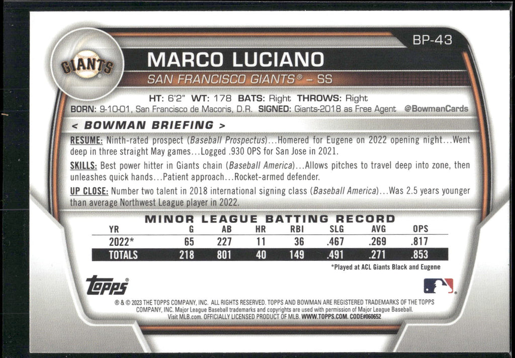 2023 Bowman #BP-43 Marco Luciano Prospects