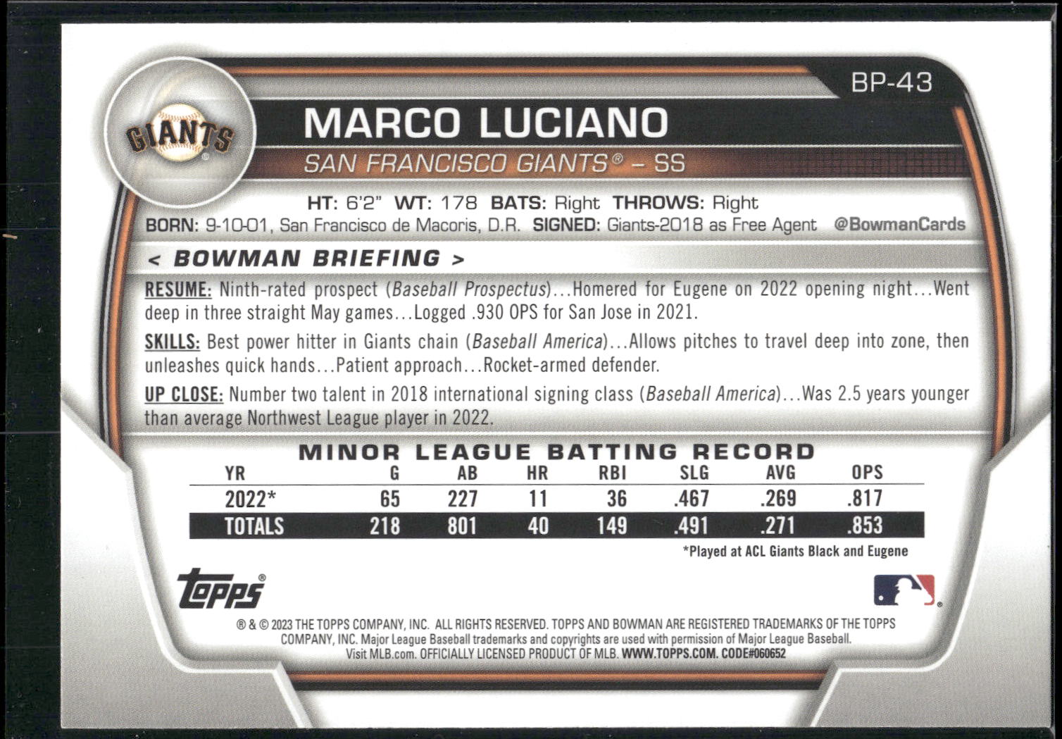 2023 Bowman #BP-43 Marco Luciano Prospects