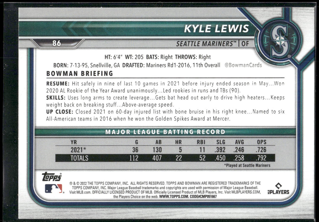 2022 Bowman #86 Kyle Lewis