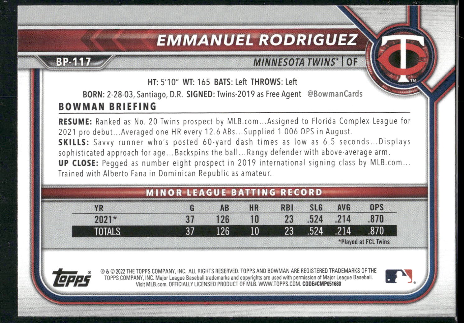 2022 Bowman #BP-117 Emmanuel Rodriguez Prospects