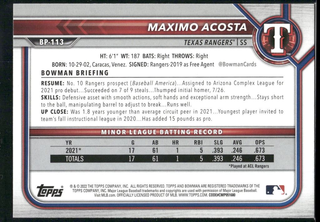 2022 Bowman #BP-113 Maximo Acosta Prospects