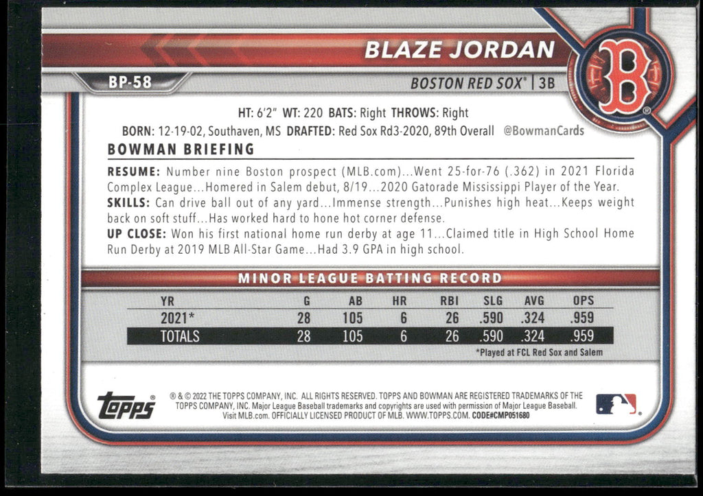 2022 Bowman #BP-58 Blaze Jordan Prospects