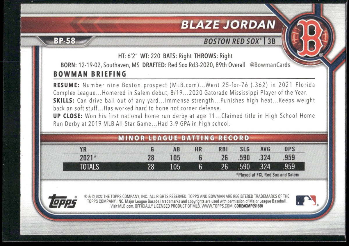 2022 Bowman #BP-58 Blaze Jordan Prospects