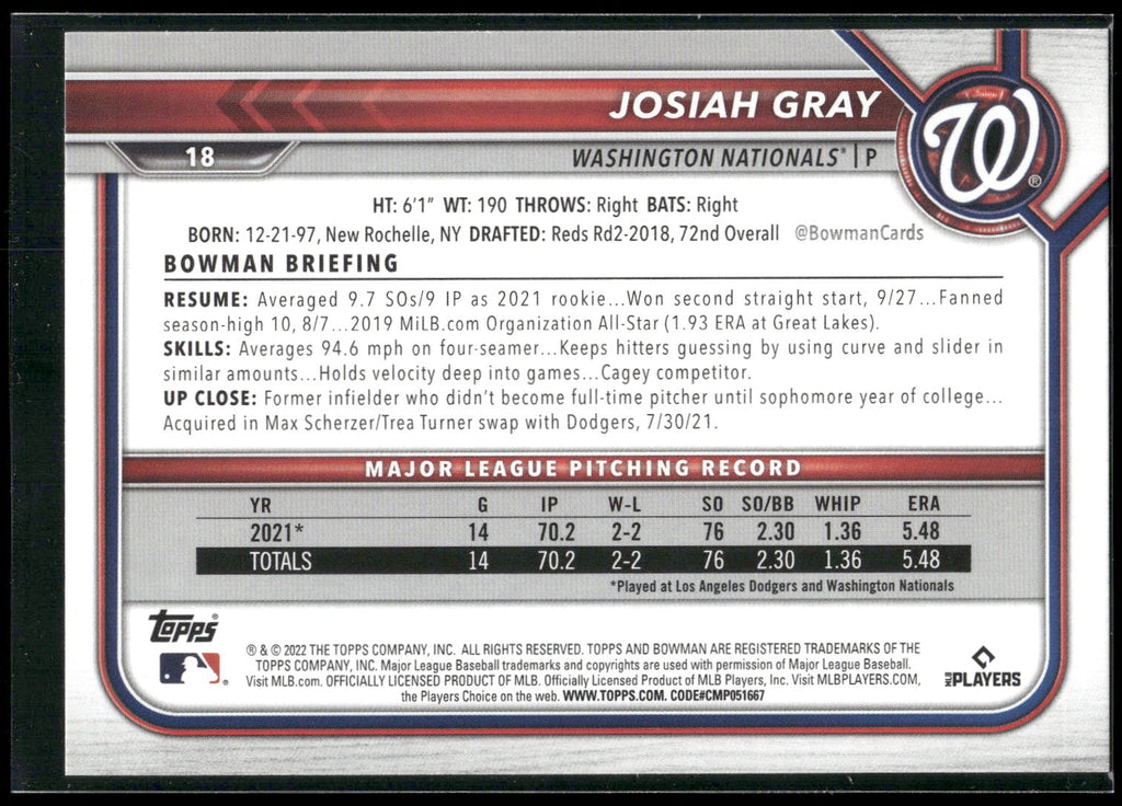 2022 Bowman #18 Josiah Gray