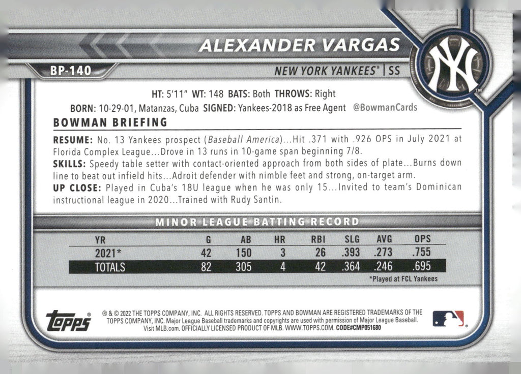2022 Bowman #BP-140 Alexander Vargas Prospects