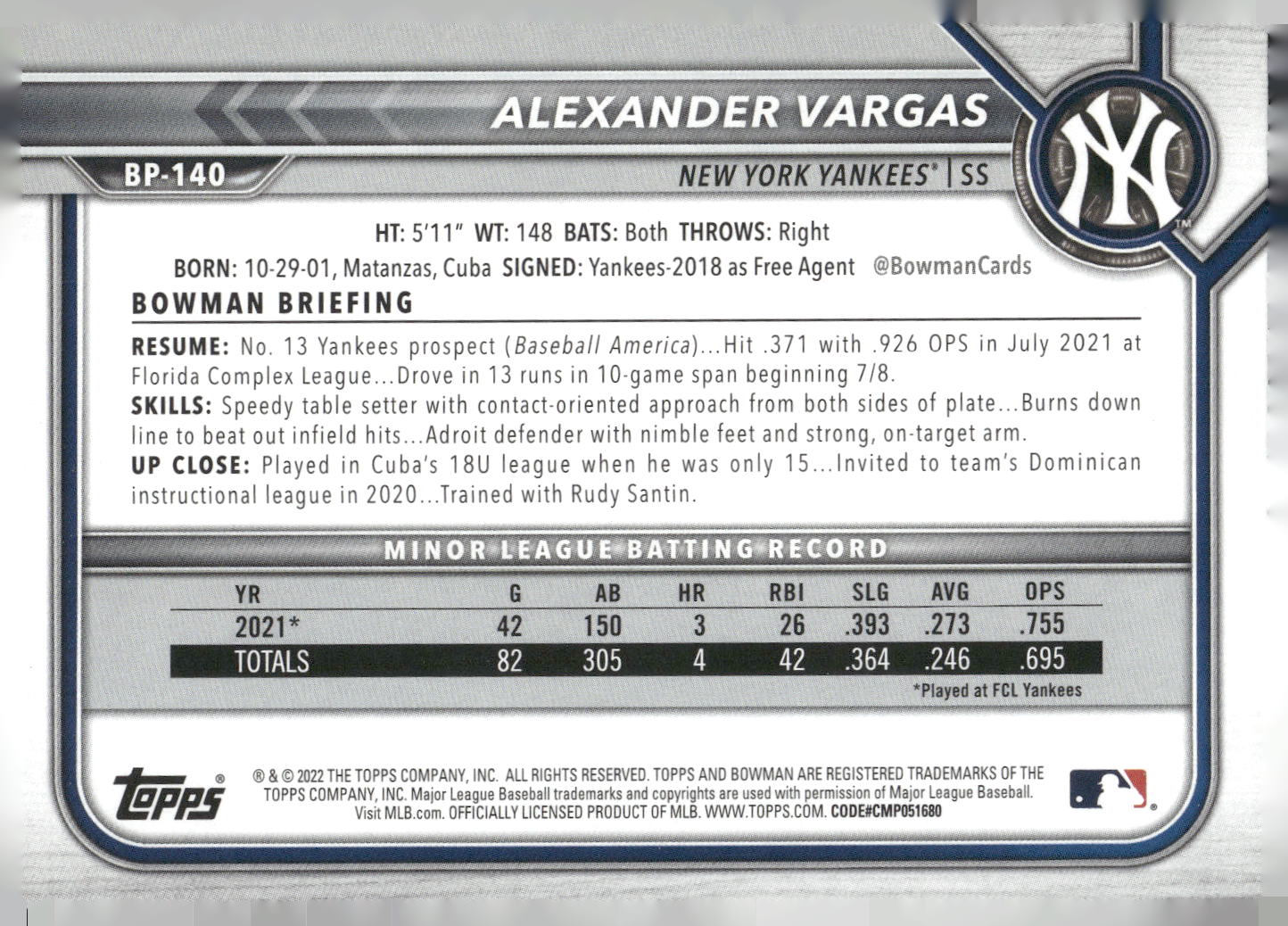 2022 Bowman #BP-140 Alexander Vargas Prospects