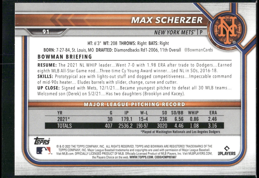 2022 Bowman #91 Max Scherzer