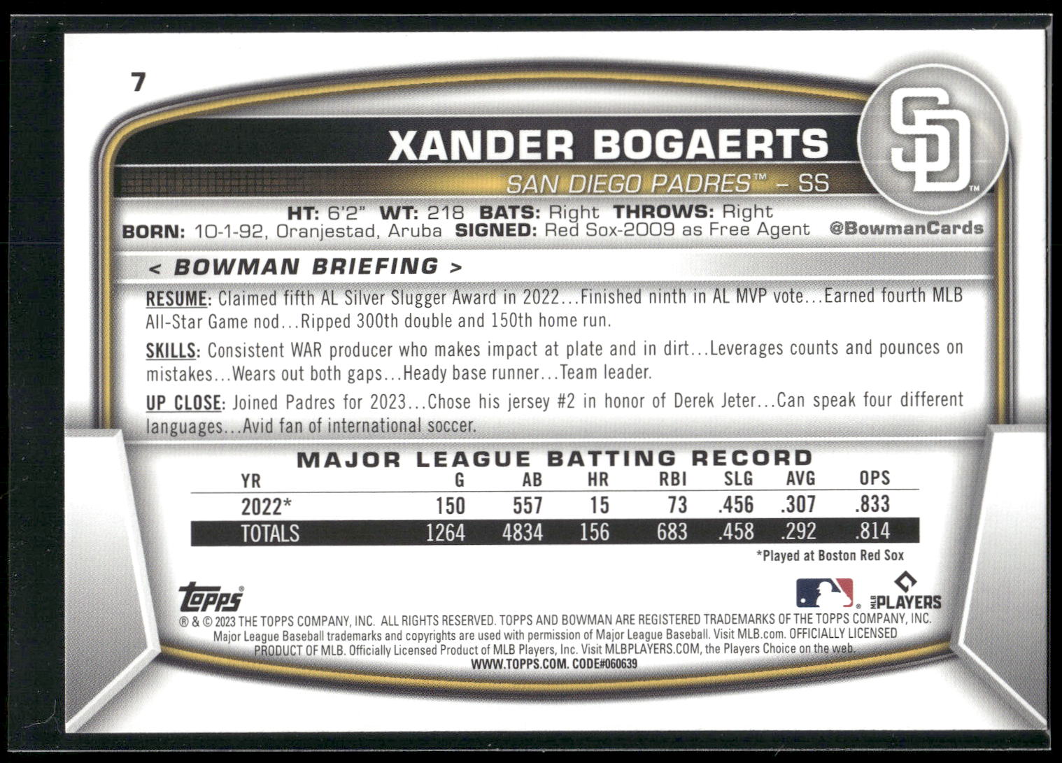 2023 Bowman #7 Xander Bogaerts