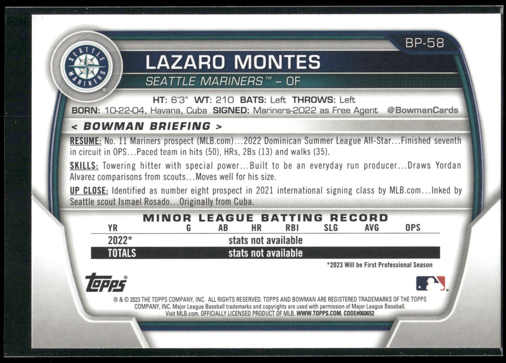 2023 Bowman #BP-58 Lazaro Montes Prospects