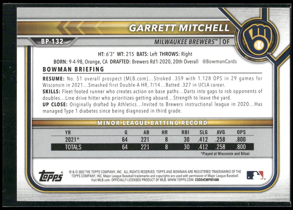 2022 Bowman #BP-132 Garrett Mitchell Prospects