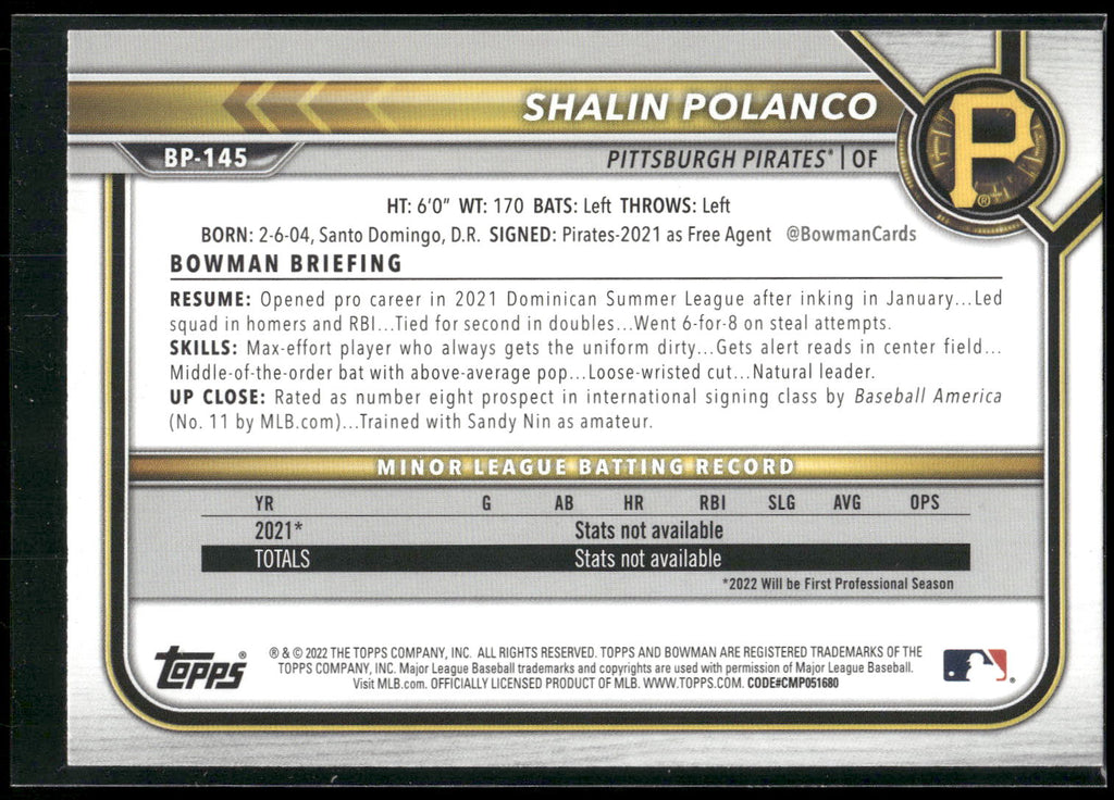 2022 Bowman #BP-145 Shalin Polanco Prospects