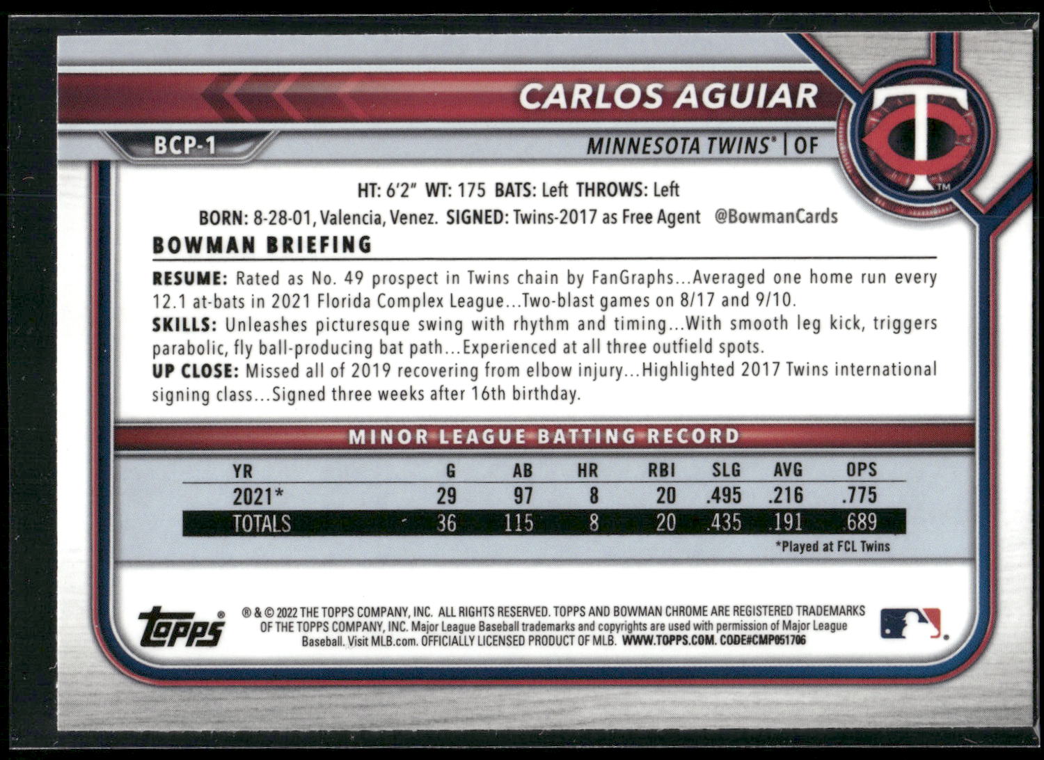 2022 Bowman #BCP-1 Carlos Aguiar Chrome Prospects