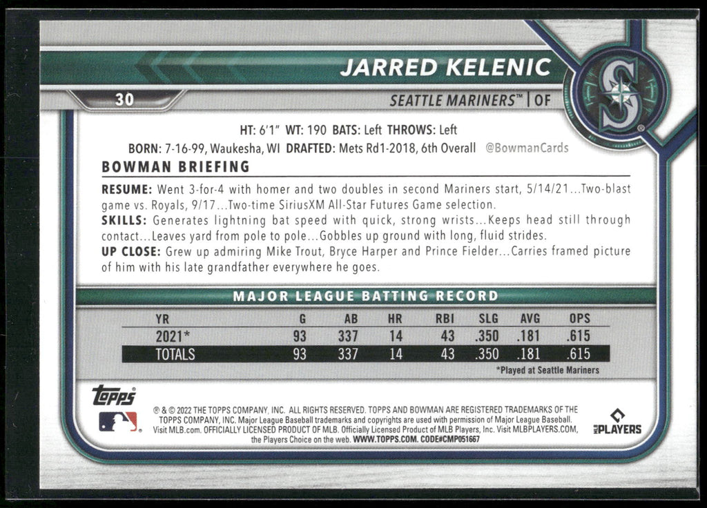 2022 Bowman #30 Jarred Kelenic