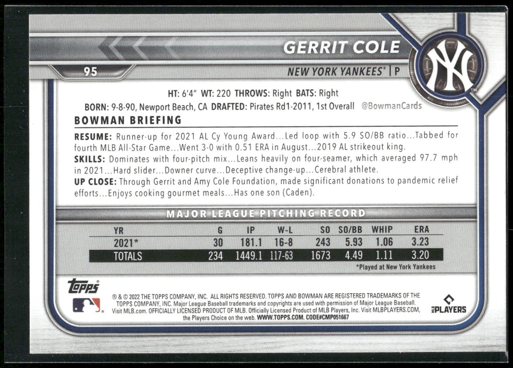 2022 Bowman #95 Gerrit Cole