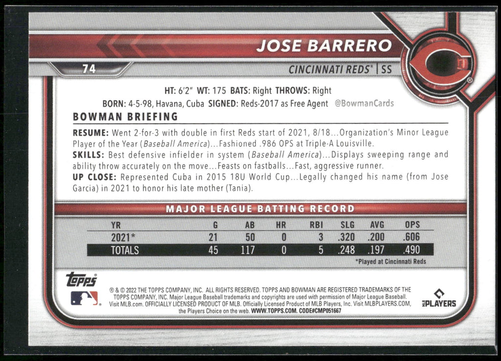 2022 Bowman #74 Jose Barrero