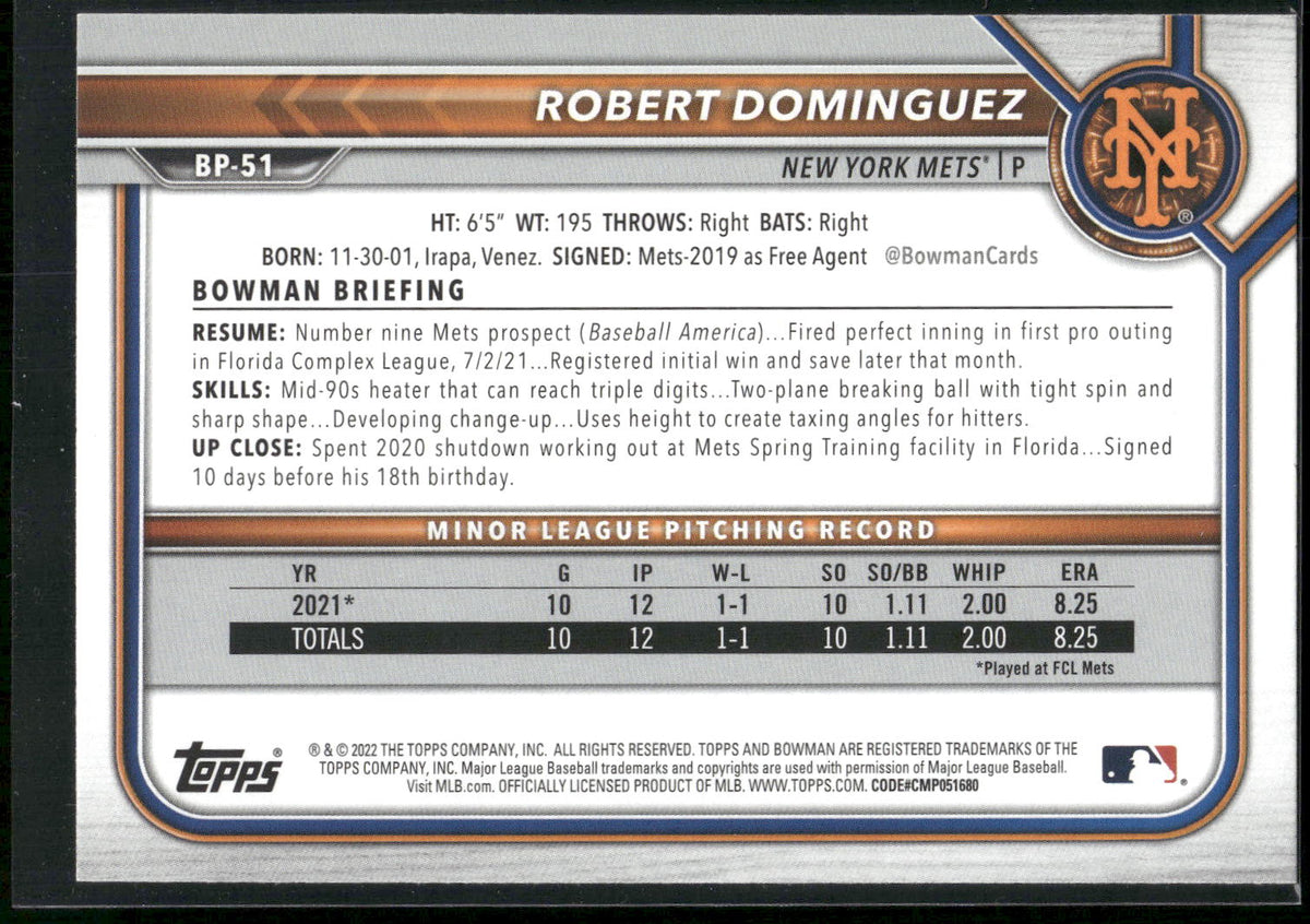 2022 Bowman #BP-51 Robert Dominguez Prospects