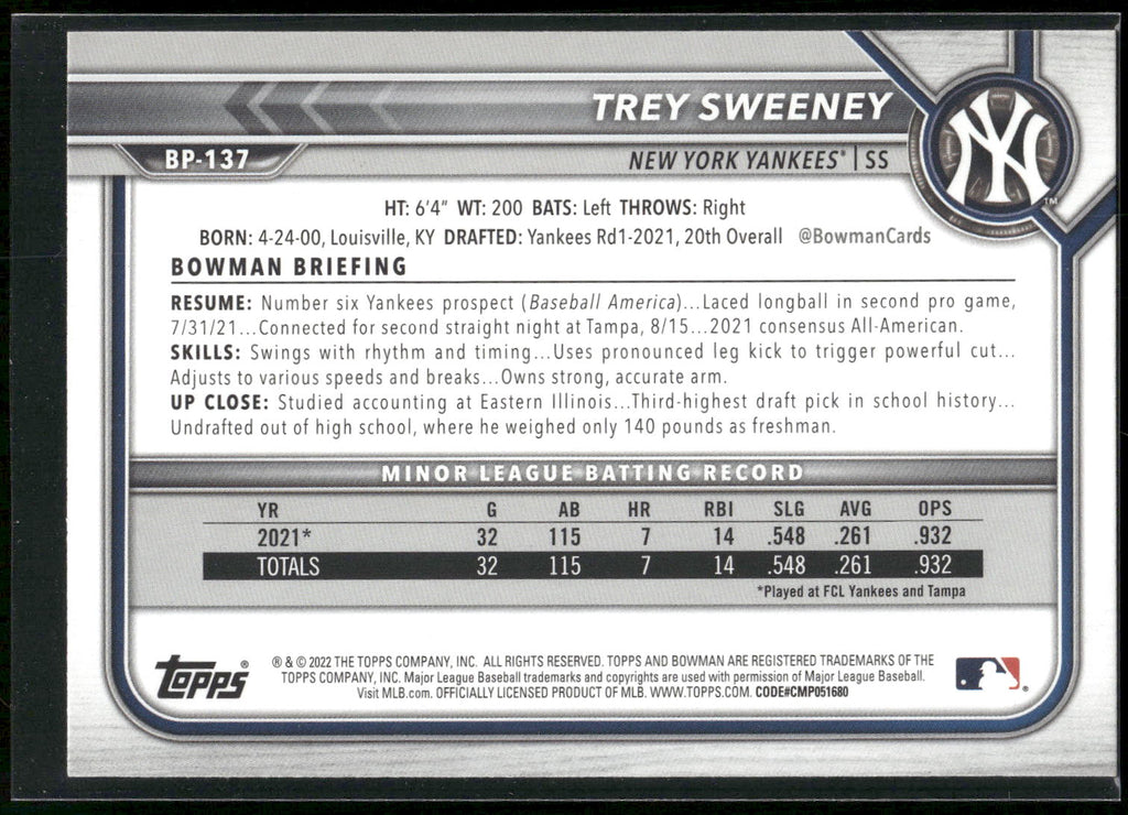 2022 Bowman #BP-137 Trey Sweeney Prospects