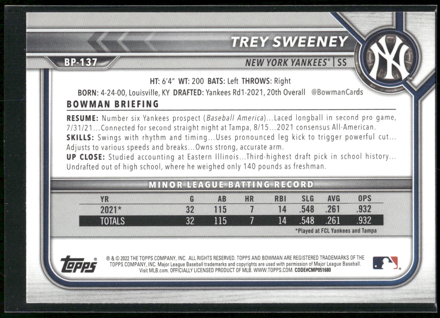2022 Bowman #BP-137 Trey Sweeney Prospects