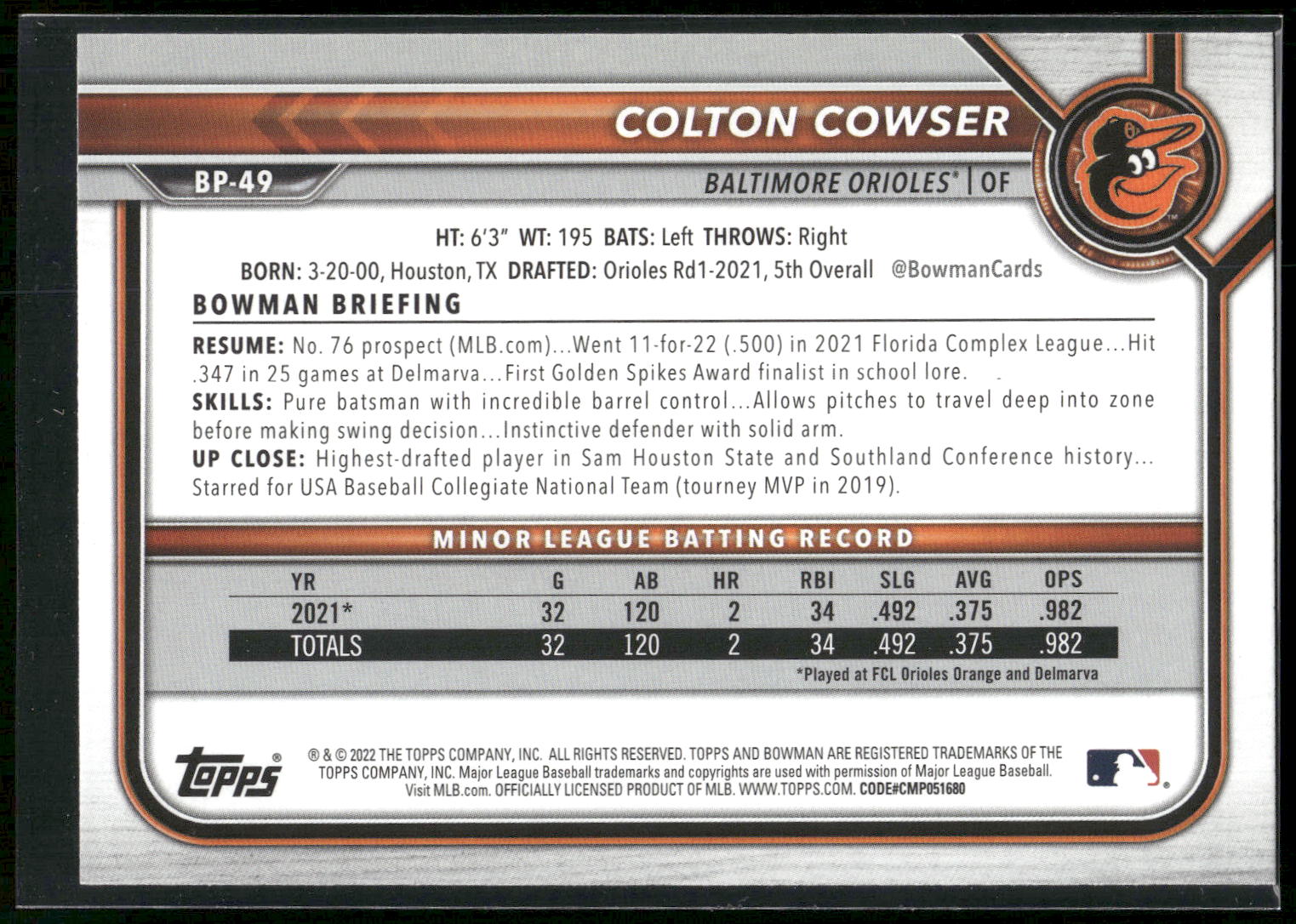 2022 Bowman #BP-49 Colton Cowser Prospects