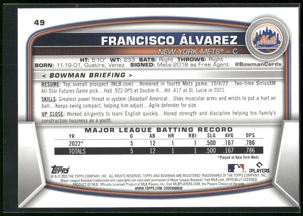 2023 Bowman #49 Francisco Alvarez