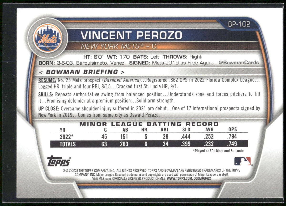 2023 Bowman #BP-102 Vincent Perozo Prospects