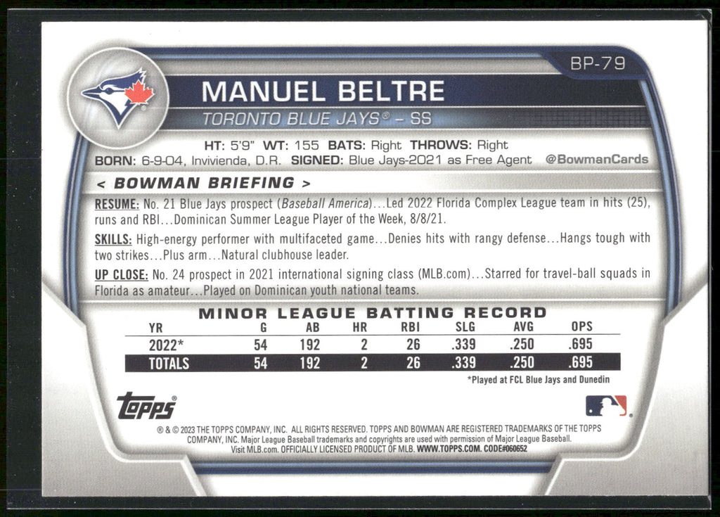 2023 Bowman #BP-79 Manuel Beltre Prospects