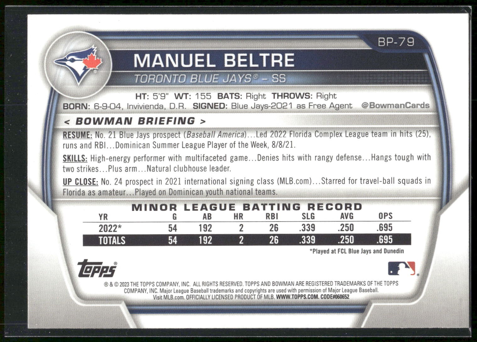 2023 Bowman #BP-79 Manuel Beltre Prospects