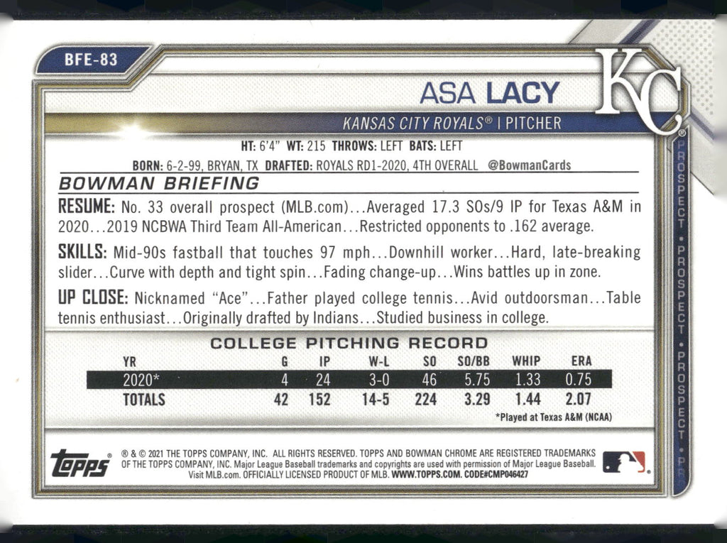 2021 Bowman 1st Edition #BFE-83 Asa Lacy Sky Blue