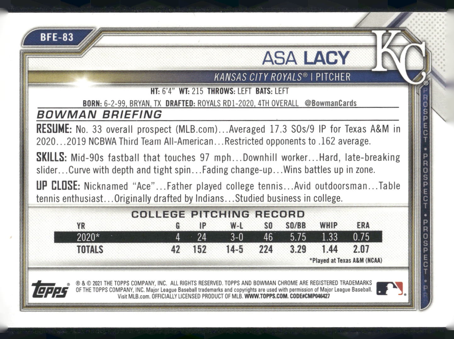 2021 Bowman 1st Edition #BFE-83 Asa Lacy Sky Blue